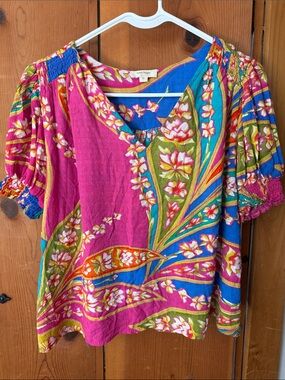 Haute Hippie Floral Peasant Blouse in Pink, Blue & Green